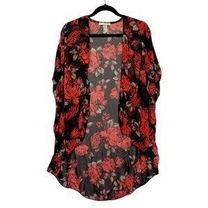 MINIMI USA Red Rose Floral Print Black Semi Sheer Open Shawl Cardigan Medium